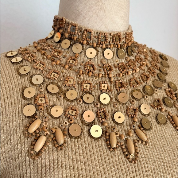 Vtg Once Again Womens M Gold Sequin Beaded Ribbed Knit Long Sleeve Sparkle Top - Picture 6 of 12